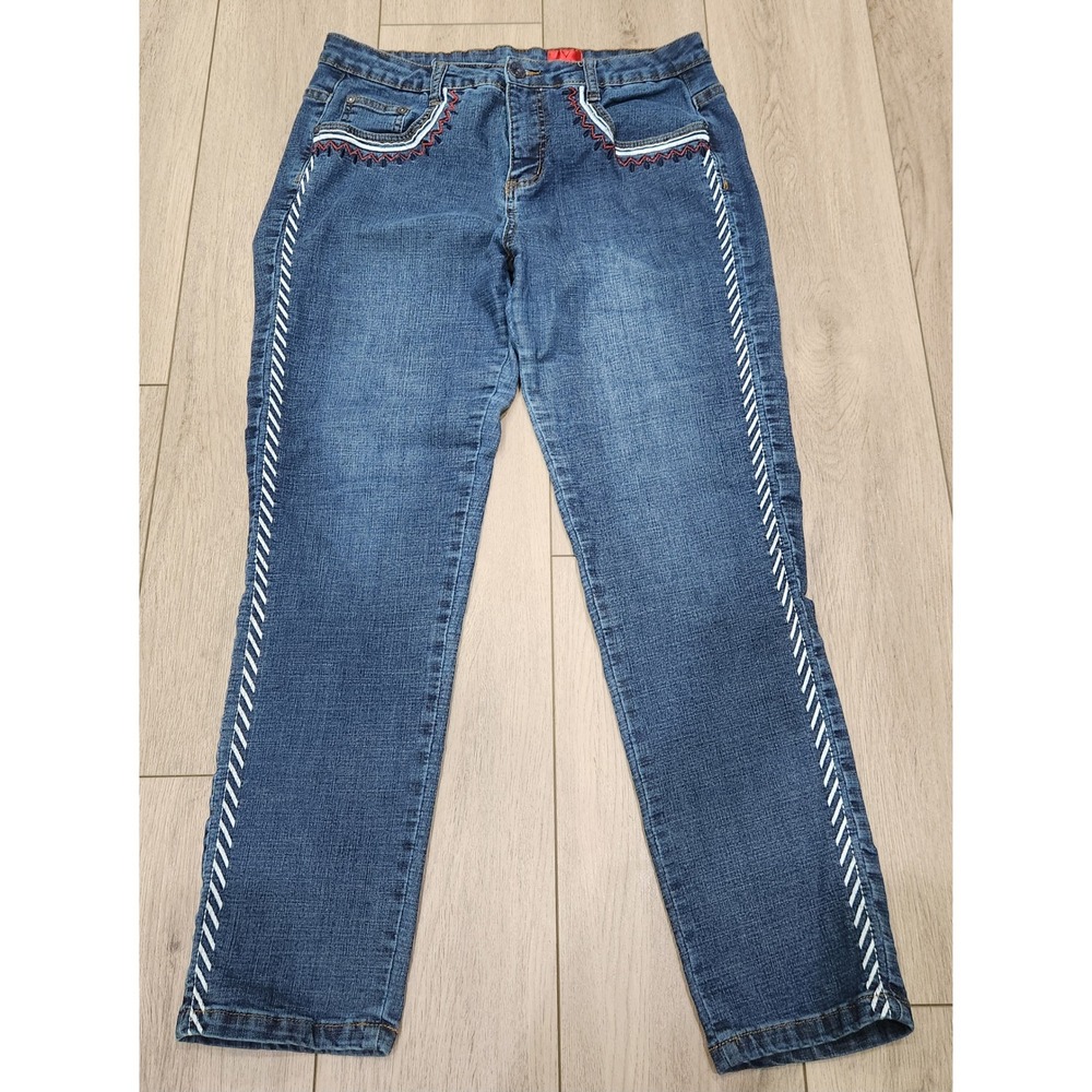 V Cristina Womens Blue Embroidered Straight Leg Stretch Jeans Size 12 Y2K Boho